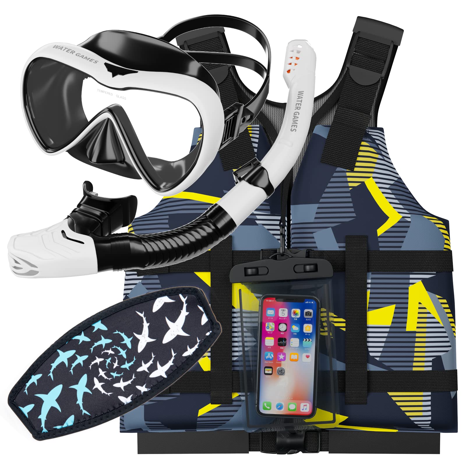 

НАБОР ДЛЯ ВОДНЫХ ИГР, включающий водонепроницаемый смартфон и чехол-ремешок для маски, трехсекционную трубку, маску, жилет, чехол, (Комплект А)