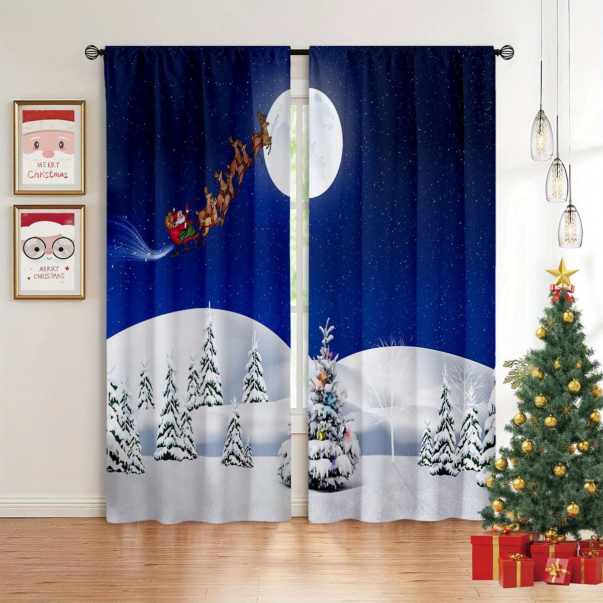

Christmas Decorative Curtains Blue Red Christmas Santa Cat Fit Children s Room Living Room Bedroom Window Decoration 2 pcs 50W130H(CM)X2PCS&Rod Pocket
