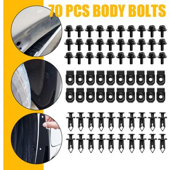 70PCS Car Metal Body Fender Screws Bumper Moulding Retainer Clips Bolts U-nuts