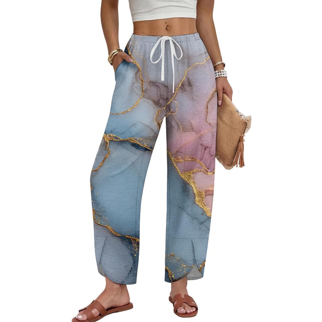 Women Casual Wide Leg Pants Marble Print Loose Fit Drawstring Waist Straight Leg Trousers Comfortable Lightweight Fabric