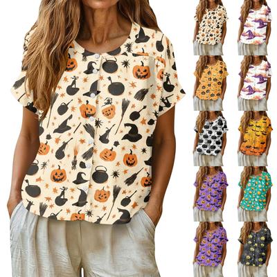 Women Henley Neck Short Sleeve Button Front Shirt Halloween Pumpkin Print Casual Top Lightweight Breathable Fabric