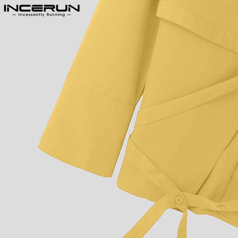 INCERUN Pánská košile s výstřihem do V vpředu s překříženými knoflíky Jednobarevné topy se stuhou s dlouhým rukávem