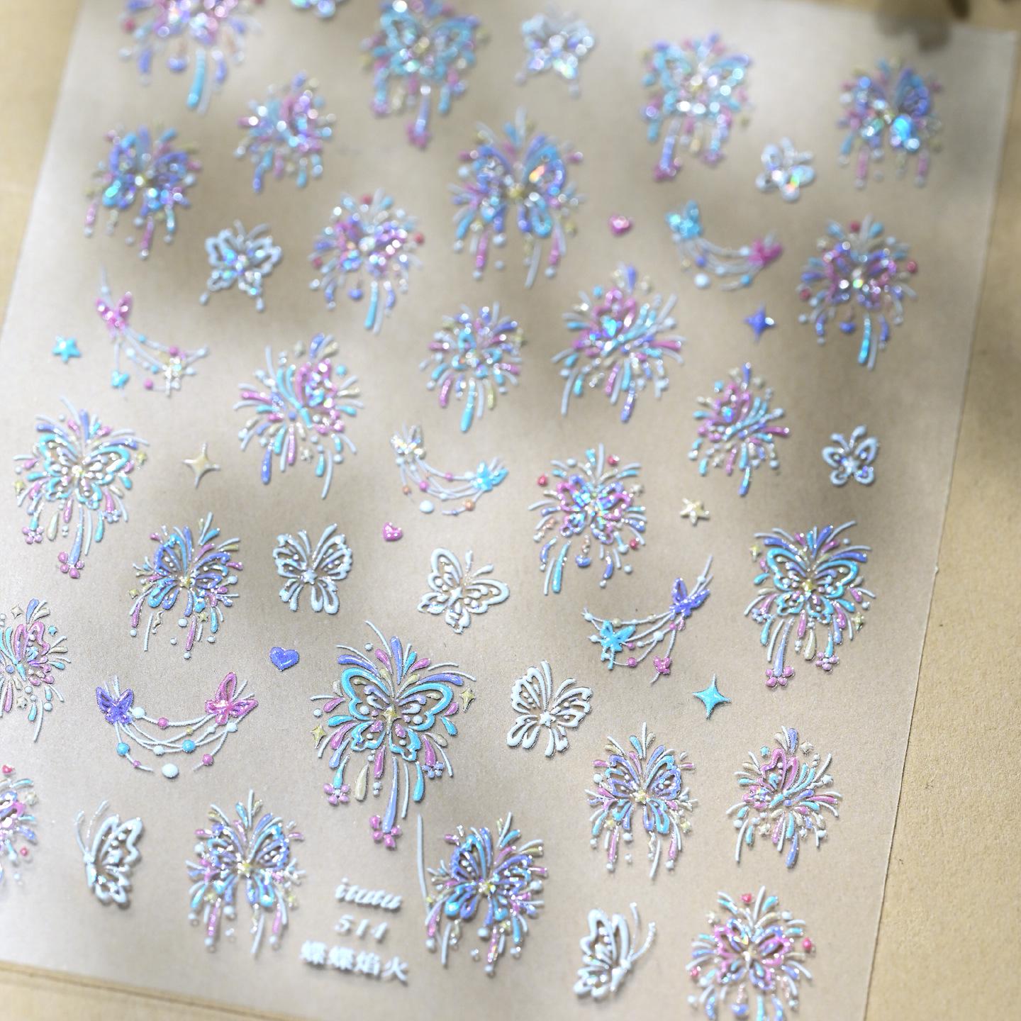 Blooming Butterfly Iridescent Laser Firework Nail Art Stickers - Super Sparkle Embossed Adhesive Decorations.