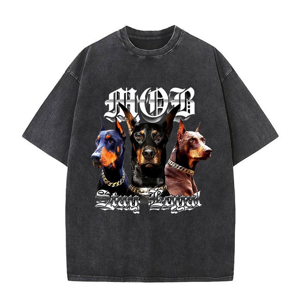 Men Washed T Shirt Oversized Streetwear Hip Hop Doberman Dog Graphic T-shirt Vintage Distressed Cotton Short Sleeve T-shirts