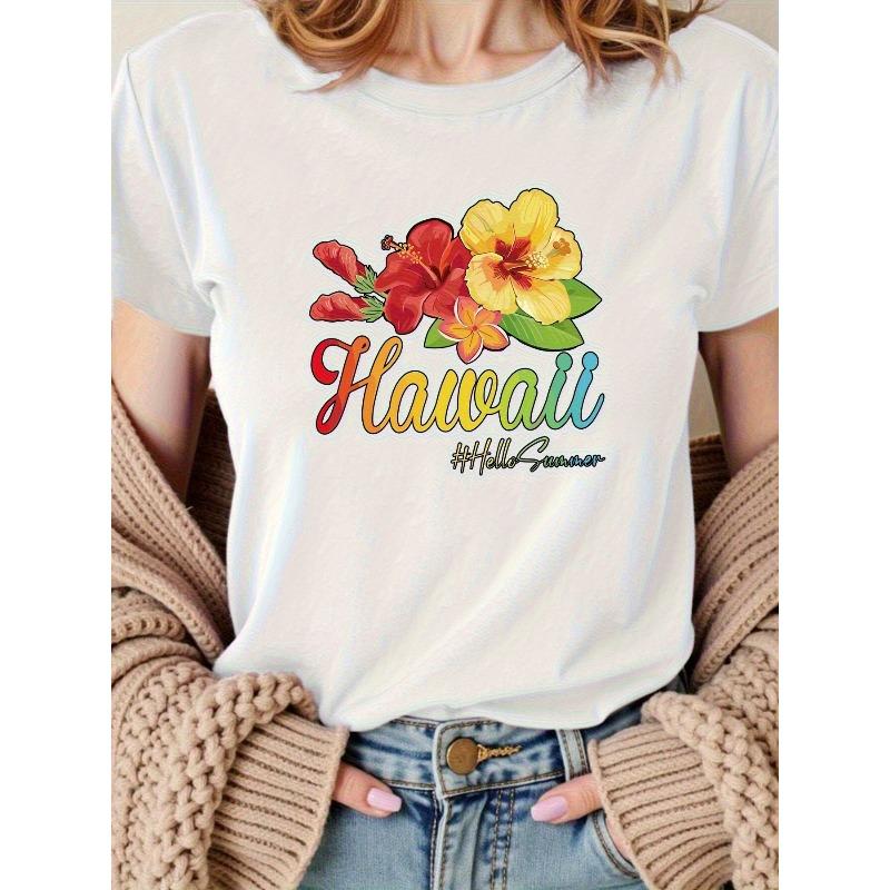 Women S Hawaiian Hibiscus T-Shirt - Vibrant Tropical Floral Print with Hibiscus Flowers & Hawaii Lettering, Breathable Summer Casual Short Sleeve S белый