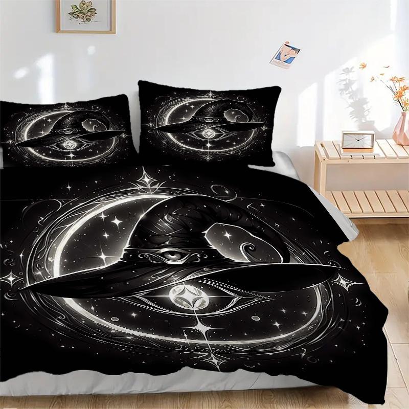 3pcs Witch's Hat Illuminated by Stars and Moonlight Bedding Set - Includes 1 Quilt Cover and 2 Pillowcases, Comfortable Bedding with Stylish Desi