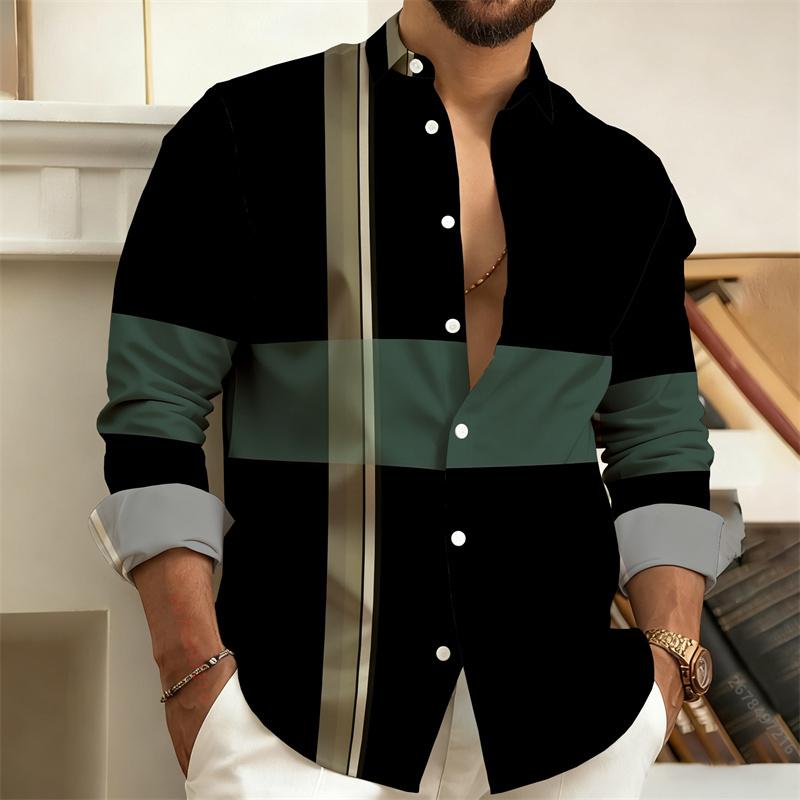 Men's Color-Block Geometric Stripe Long-Sleeve Shirt, Business Casual Dress Shirt, Slim-Fit Men's Fashion Top,