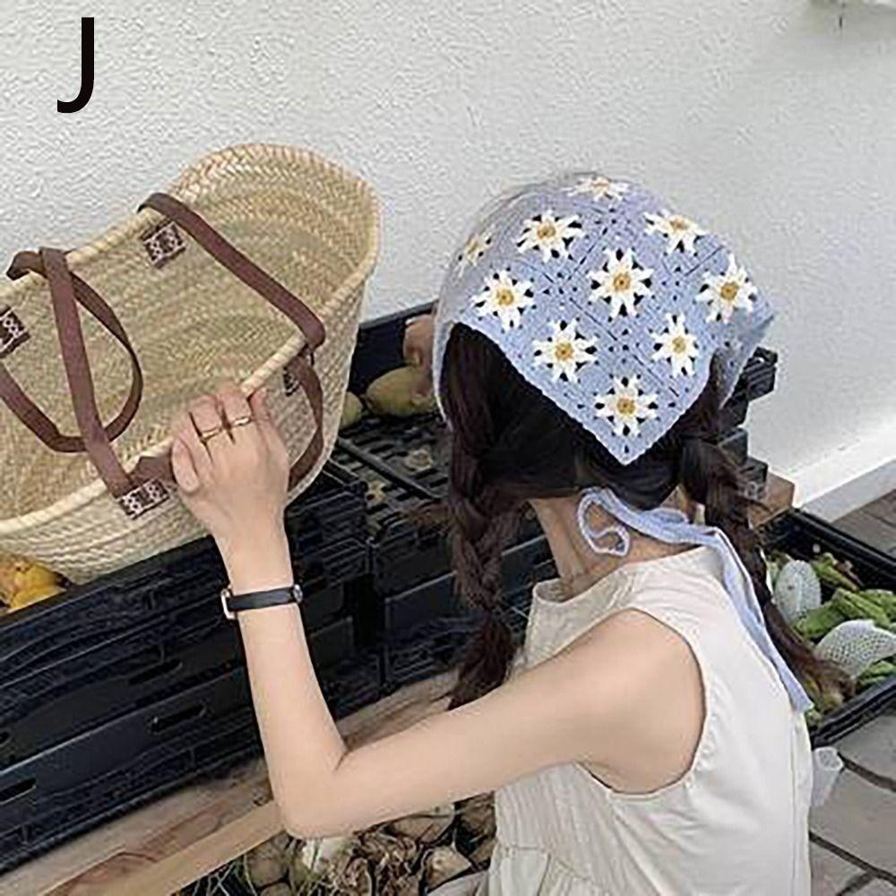 French Pastoral Style Triangle Headband Knitted Handmade Crochet Headscarf Hat Daisy Flower Flower Strawberry