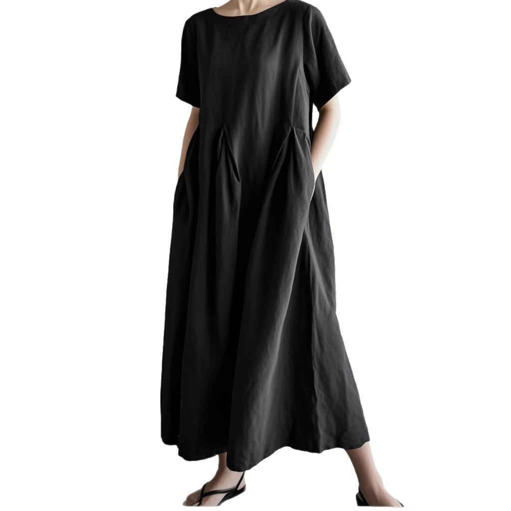Abito da Donna Primavera Estate Cotone-Lino Ampio Girocollo alla Moda Taglie Forti Manica Corta Casual Comodo Lungo