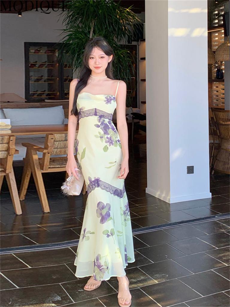 MODIQUE Summer Women Elegant Floral Print Casual Beach Backless Mesh Gauze Chiffon Girly Halter Long Dresses Lady Fairycore Atmosphere Hip Wrap Dress