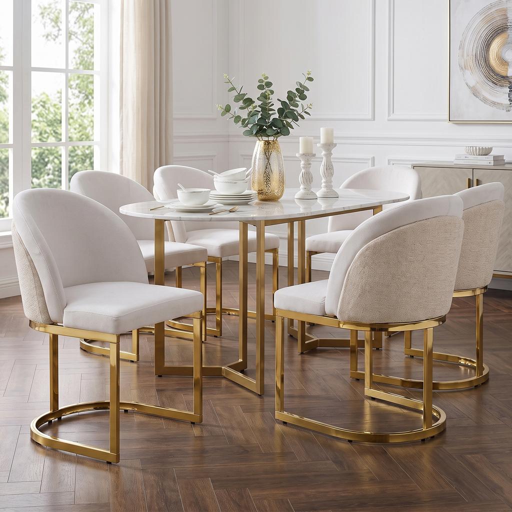 2 Esszimmerstühle, geeignet für Restaurants, Wohnzimmer, Cafés, moderner Stil, goldfarbene verzinkte Stuhlbeine, Chenille-Stoff, beige + gold
