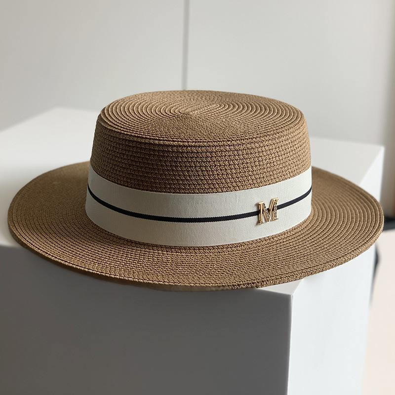 Miss Fashionable and Elegant Sun Hat Sun Protection Flat Top Straw Hat Women's Simple Temperament White Flat Brim Top Hat French