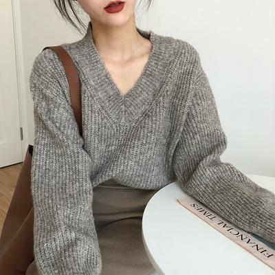 Sweater Lazy Style V-neck Pullover Sweater Women's Loose Autumn and Winter Korean Retro Women's Knitted Sweater