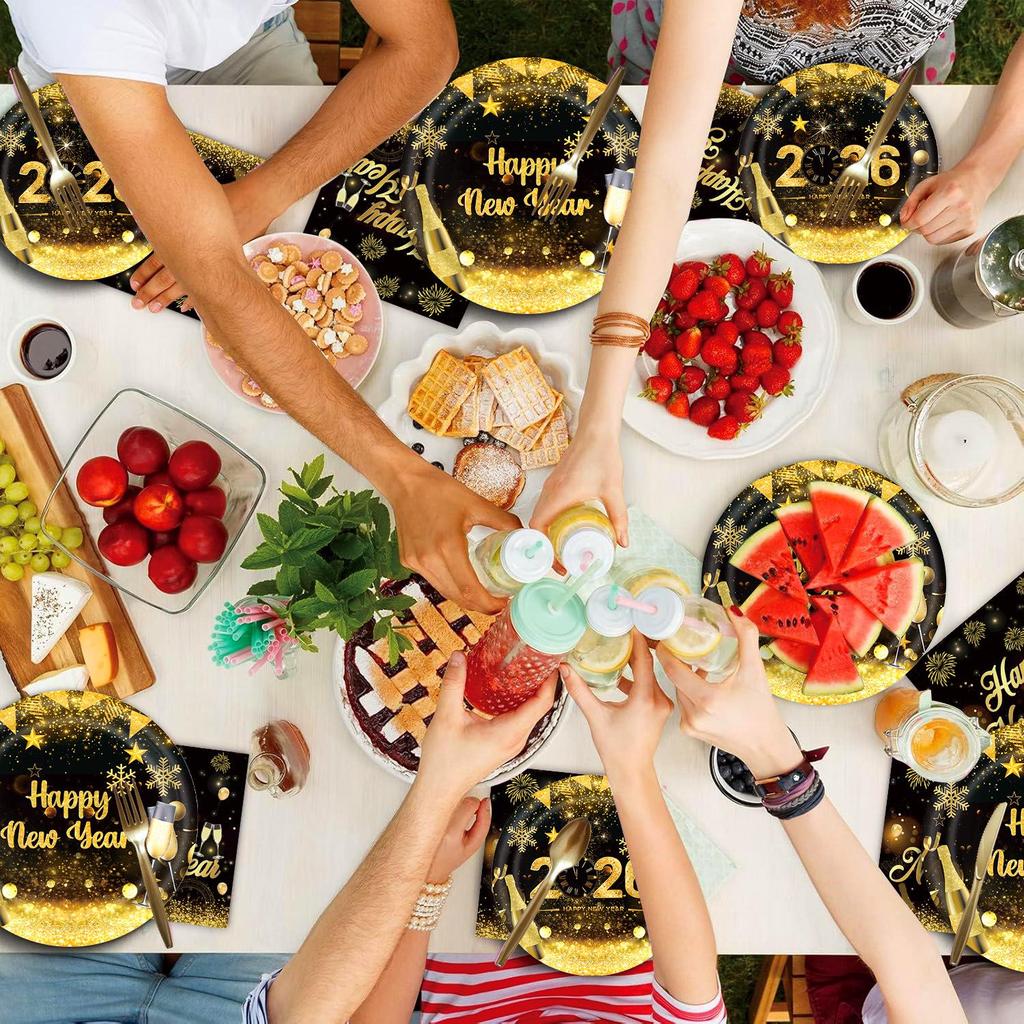 New Year 2026 Black and Gold Party Set: Paper Plates, Napkins, Pull Flag, Tablecloth