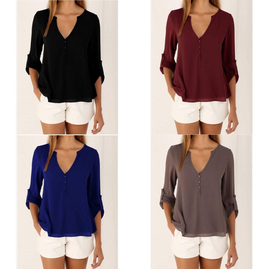 Elegant Women's Long Sleeve V Neck Loose Chiffon Blouse In 11 Stylish Colors And Sizes
