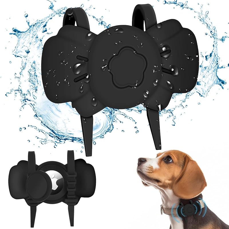 Airtag Dog Collar Holder - Silicone IPX8 Waterproof Airtag Cat Collar - Secure and Stylish, Adjustable Strap Fits All Widths 2 Black
