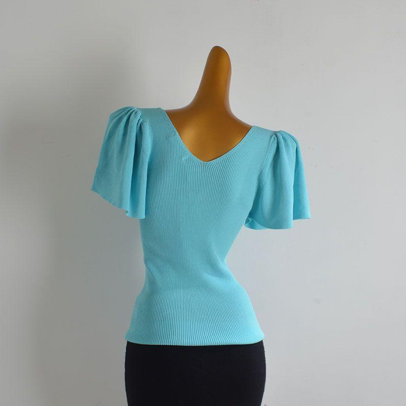 Cabinet V-neck Pleat Short sleeve Ice Silk Knit Women clothes Summer Pure Desire Wind Slim fit Slimming All-Match T-shirt Top