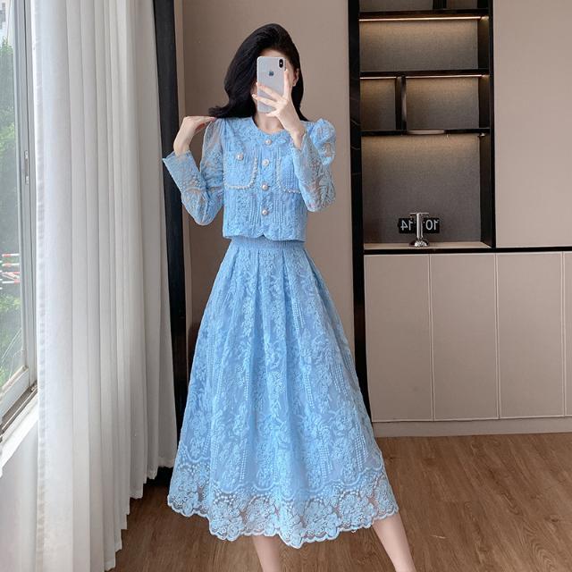 Lace Blouse Skirts Sets Solid Spring Autumn Korean Fashion 2 Pieces Set Women Outfits Elegant Conjunto Femenino