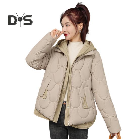 Women Winter Coat Fake Two-piece Zipper Button Closure Padded Hooded Turn-down Collar Pure Color Thin Short Type Down Cotton Filling Jacket