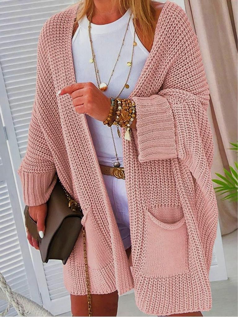Women's Knit Pocket Cardigan Sweater - Solid Color, Loose Fit, Autumn/Winter Fashion