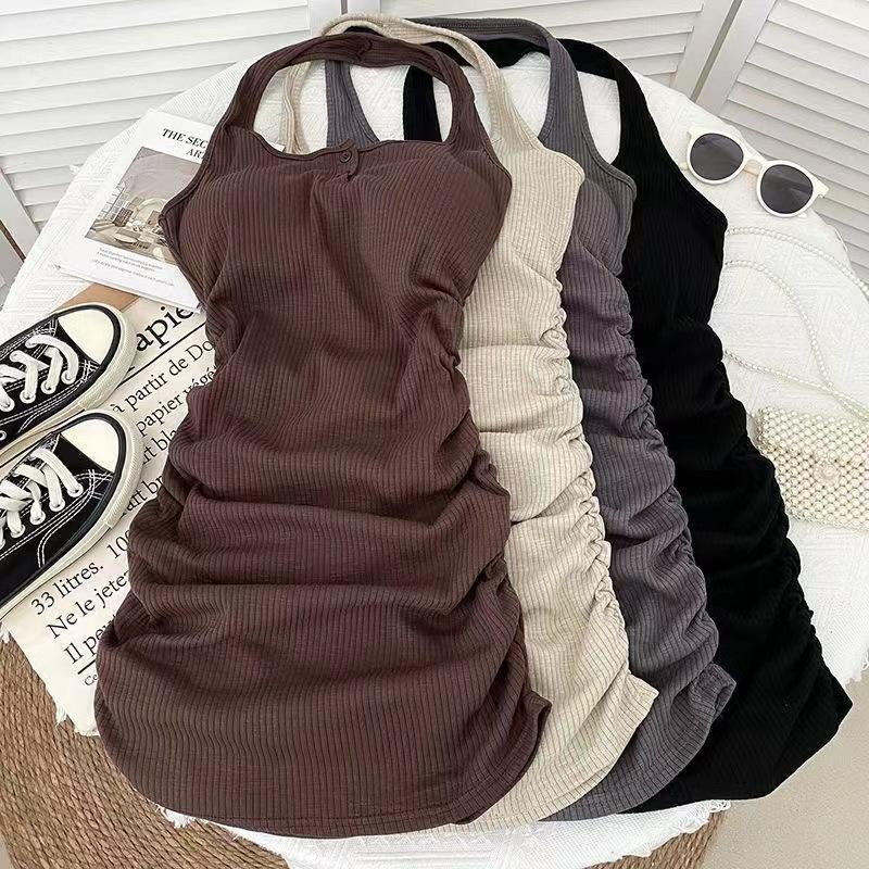 Sexy Spice Girl Fashion Neck Dress with Chest Pad Women's Summer New Slim Folds Buttocks Sleeveless Short Skirt
