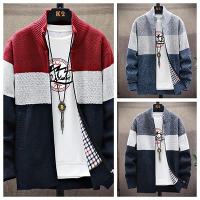 Autumn Winter Cardigan Sweater Men Fleece Zipper Sweaters Velvet Contrast Striped Sweater Coats Casual Jackets