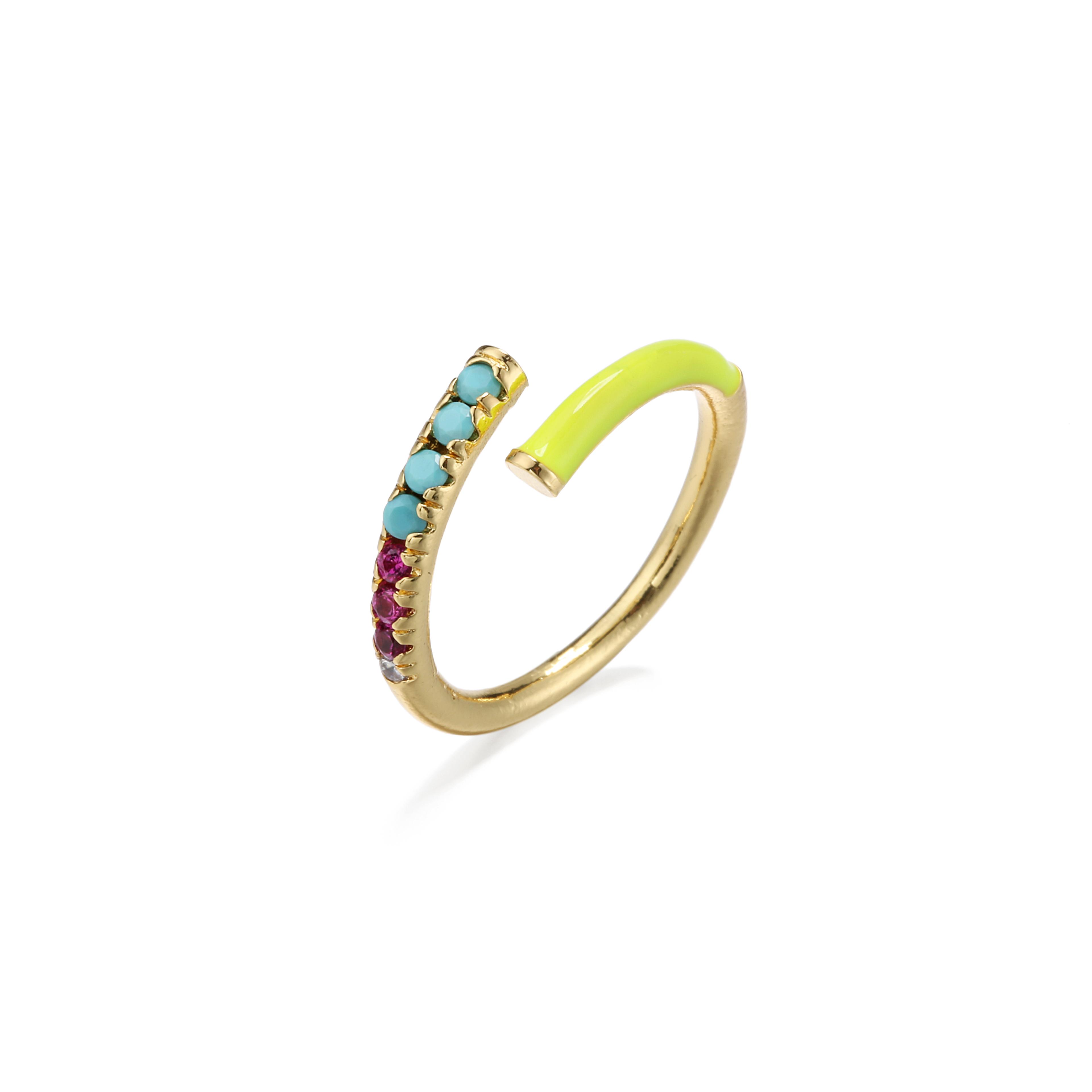 

18K Gold-Plated Brass Colourful Enamel CZ Open Ring, Neon Adjustable Stackable Cubic Zirconia Women’s Fashion Jewellery Gift resizable жовтий
