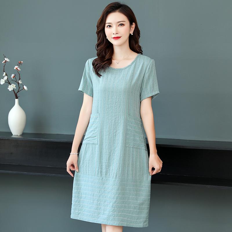 Sommer Gestreiftes Midikleid Frauen Casual Lose Kurzarm Plus Size Kleider Sommerkleidung Mit Taschen