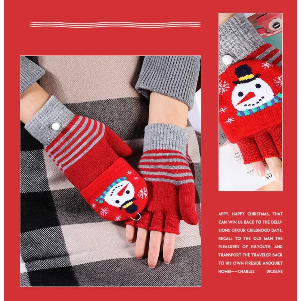 Winter Cute Girls Christmas Gloves Kids Warm Cartoon Gloves Students Fingerless Writing Gloves with Flip Cover 7-13Y