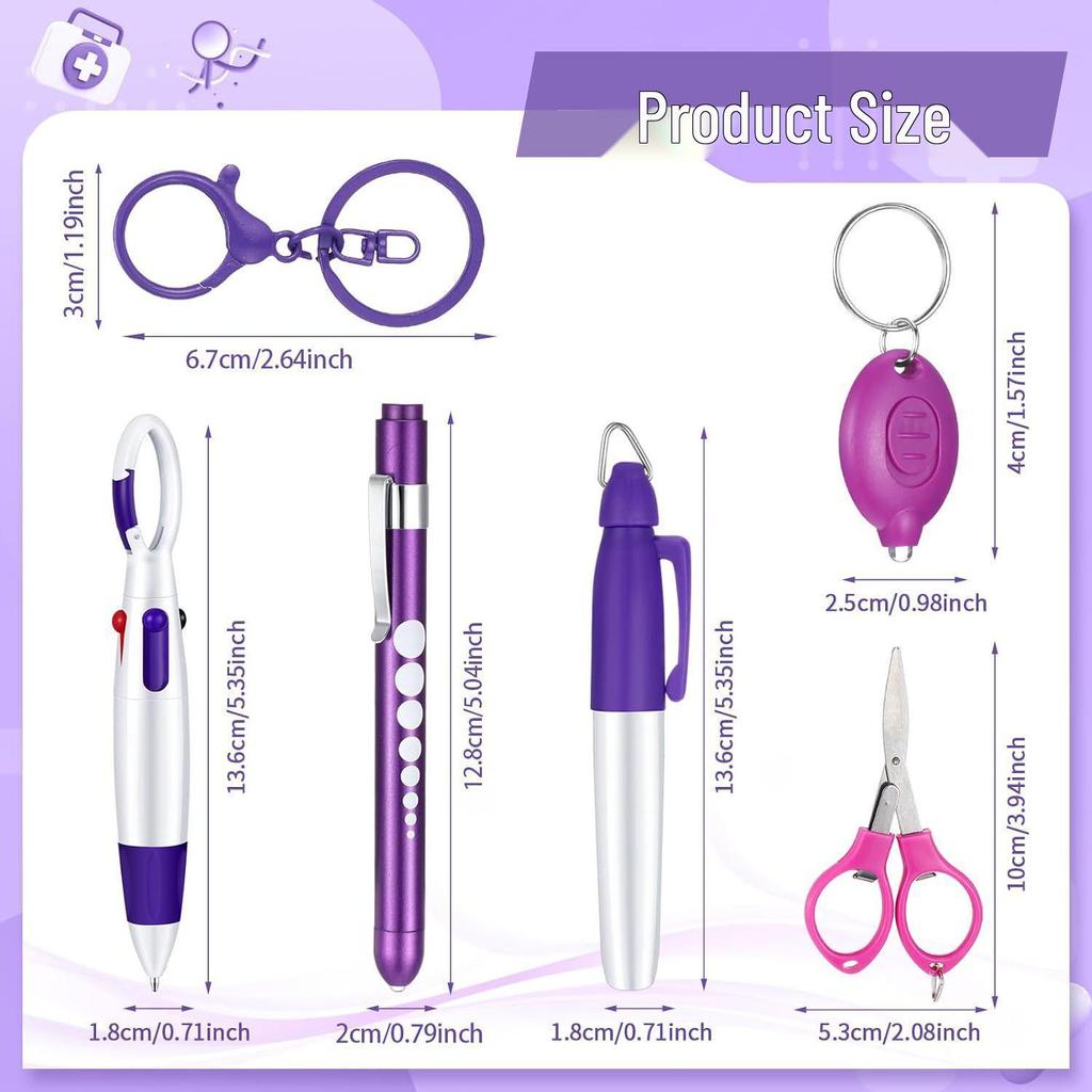 Colorful Ballpoint Pen Set: 4-Color Click Pens, Carabiner, Nurse Pen, Scissors, Penlight, Highlighter, Pocket-Sized.