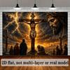 2D plane. Religious background cloth featuring the crucifixion of Jesus, depicting the scene of Jesus' suffering.