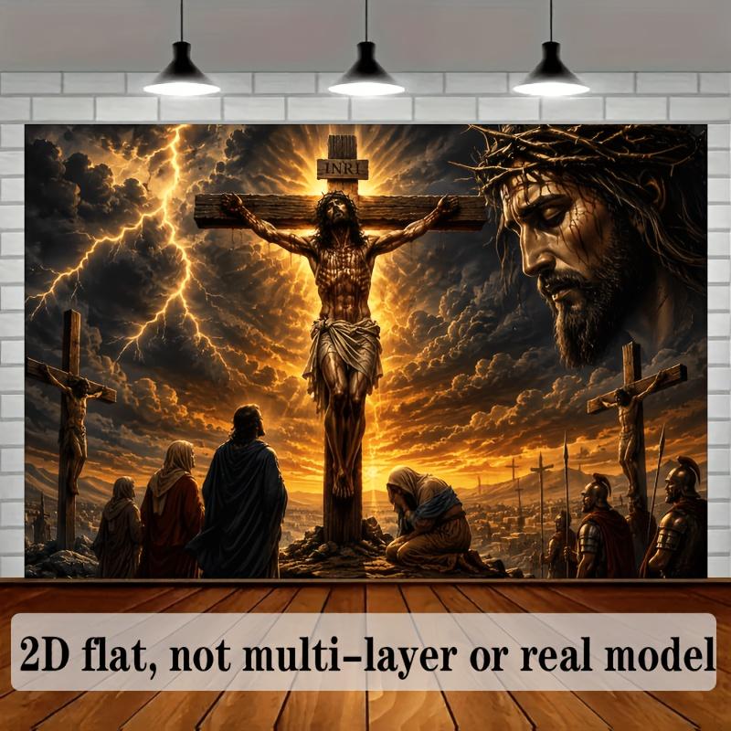2D plane. Religious background cloth featuring the crucifixion of Jesus, depicting the scene of Jesus' suffering.