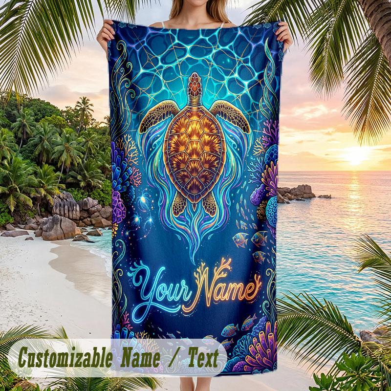 Oceanic Serenity 3 Theme Quick Dry Beach Towel Custom Name Text Print Large Sand Resistant Towel Beach Vacation
