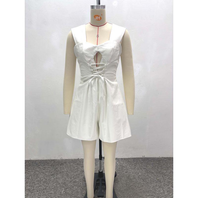 

European and American Fashion Casual Loose Square Collar Shorts Jumpsuit Square Collar Hollow Jumpsuit White 2XL