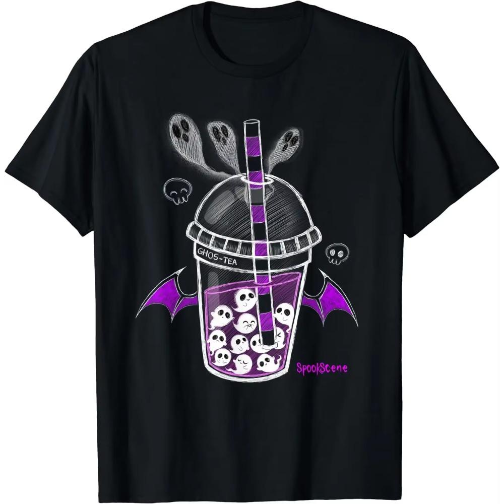 

Spook Ghosht Tea Bats Boba Goth Purple T-Shirt Cartoon Halloween Pattern Graphic T Shirts for Men Women Casual Tees XXXXXL