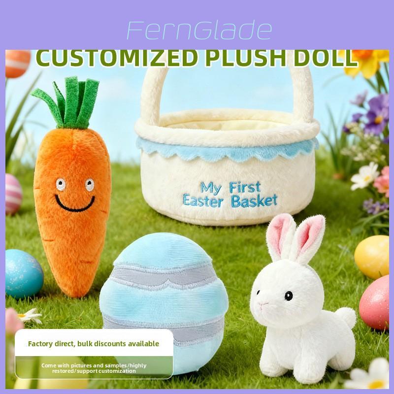 Easter Plush Bunny Toy With Carrot Basket Set For Holiday Decor And Gift Giving
