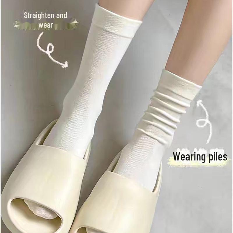 Women's Thin White Cotton Crew Socks - Boneless Design, Trendy Solid Color, Japanese Korean Style