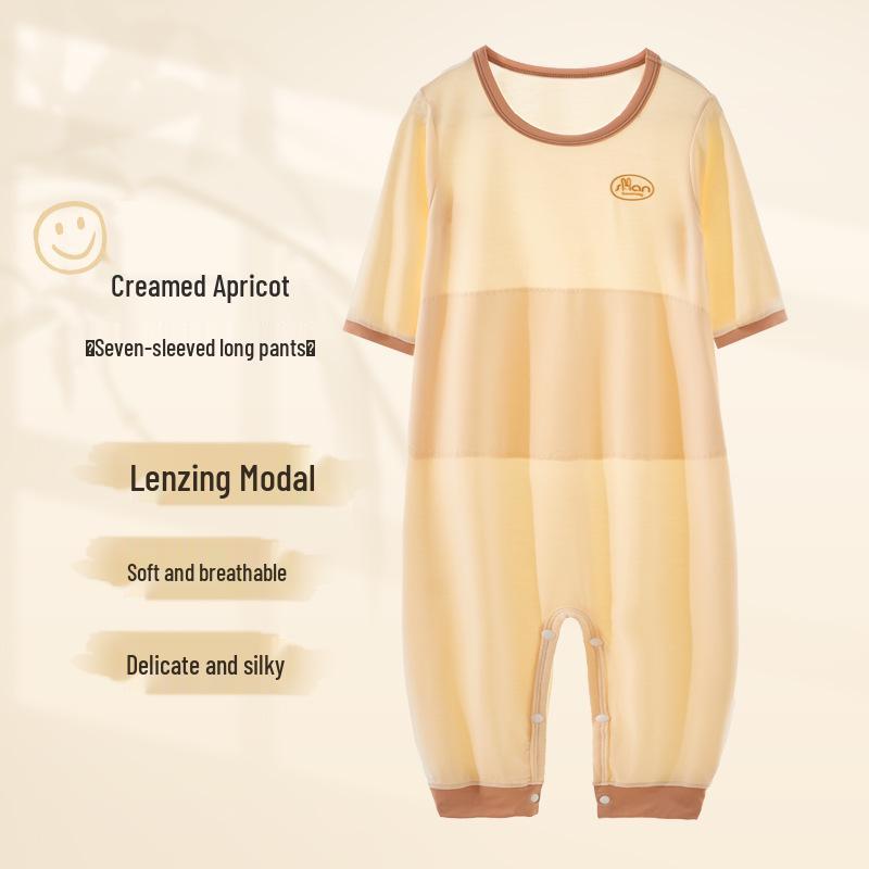 Shangbao Mai Children s Modal Double-Layer Belly Protection Onesie Pajamas Short Sleeve, Medium & Large Baby Sleepwear 80cm