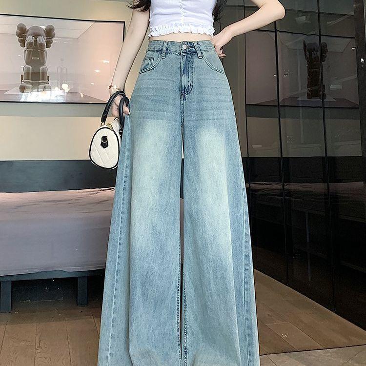 Jeans a Vita Alta da Donna Taglie Forti, Vestibilità Larga, Drappeggiati, Gamba Larga, Autunnali, Snellenti, Dritti, Lunghezza Pavimento