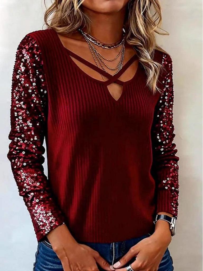European-American Fashion Sequin Patchwork V-neck Long Sleeve Women's Top