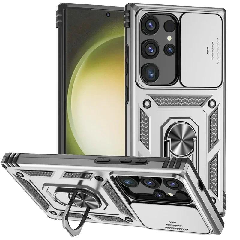 Nárazuvzdorný kryt na telefon Armor pro Samsung Galaxy S24 S23 S22 S21 S20 S10 Ultra S23FE S21FE Note 20 s kroužkem pro ochranu objektivu a držákem
