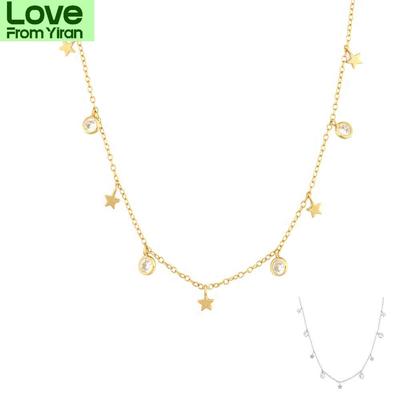 Andywen 925 Sterling Silver Gold Star Zircon Charm Choker Necklace Long Chain Jewelry  Tiny Jewels Wedding Gift