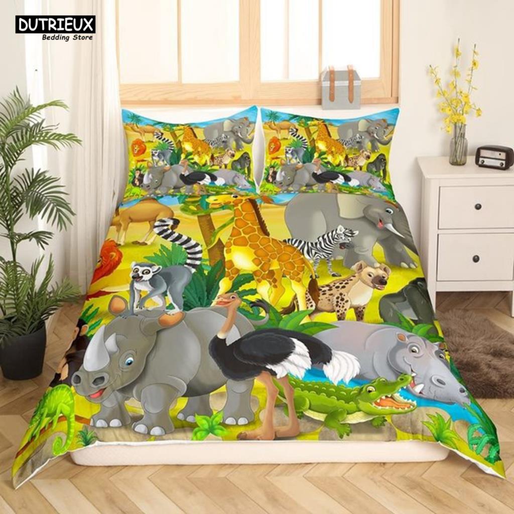Elephant Comforter Cover Cute Cartoon Animal Paradise Bedding Set Boys Girls Kids 3D Animal World Queen Polyester Duvet Cover