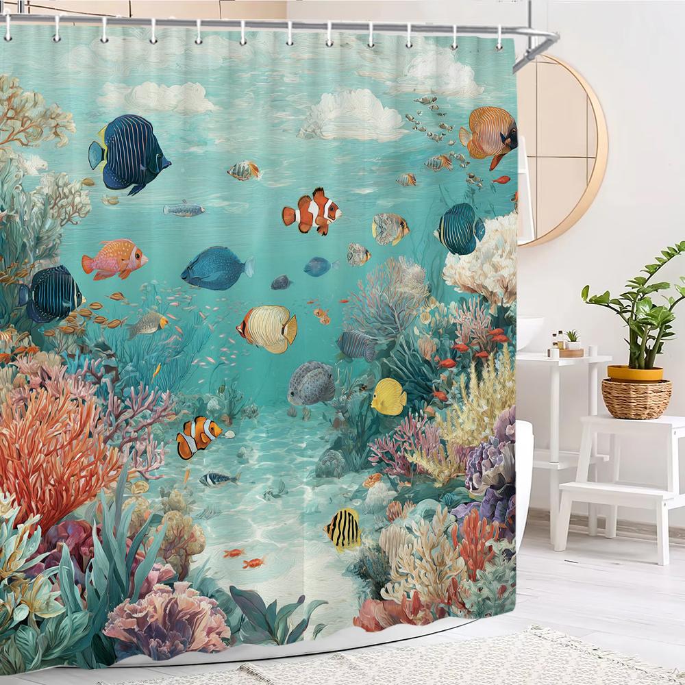 Sea Turtle Shower Curtain, Blue Beach Coastal Sea Turtle Starfish Underwater Creatures Bathroom Decorative Shower Curtain W90xH180cm