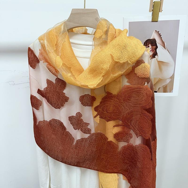 Shawl Scarf Advanced New Gradual Change Flower Long Silk Scarf Yarn Versatile Sunscreen Shawl