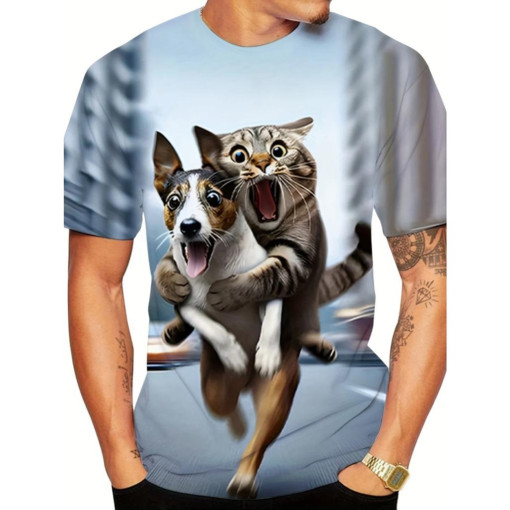 Modne Śmieszne Koszulki z Grafiką Zwierząt Druk 3D Oversize Krótki Rękaw Okrągły Dekolt Casualowe Koszulki Męskie