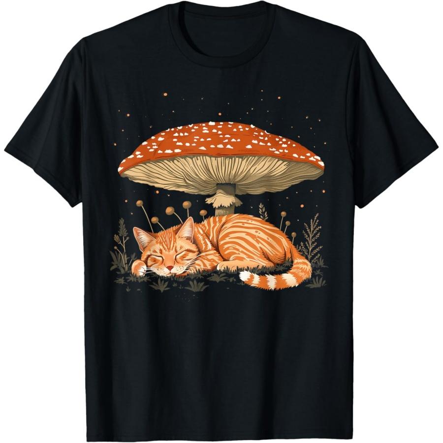 Cute Orange Cat Tabby Cat Cottagecore Aesthetic Mushroom T-Shirt(1) S