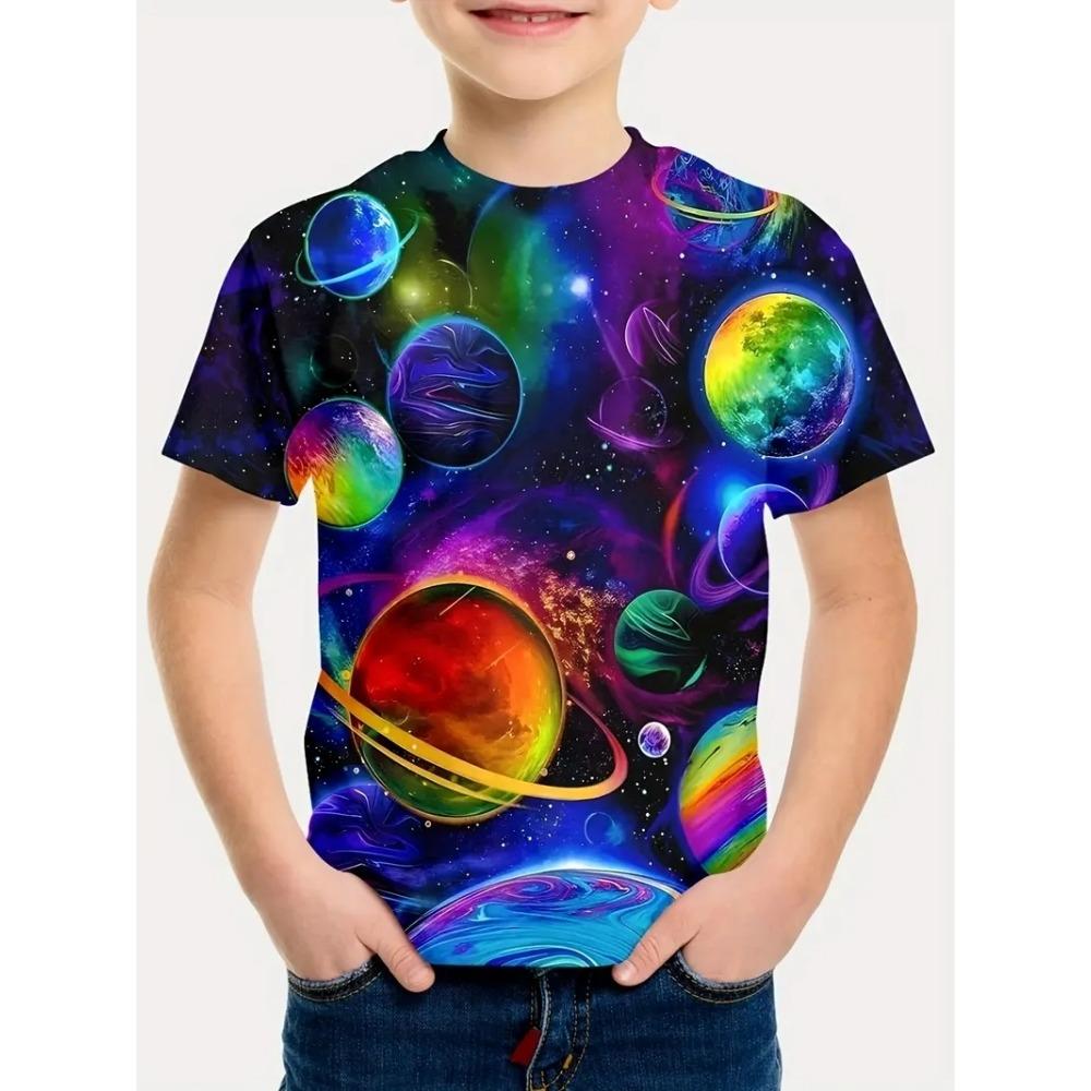 Children's clothing, boys' breathable and suitable T-shirt, 3D printed space pattern short sleeved shirt, boys' summer fashion, cool round neck top