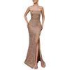Women's Sparkly Sequin Long Formal Dress Square Neck Backless Split Mermaid Prom Dress Spaghetti Strap Evening Party Gown