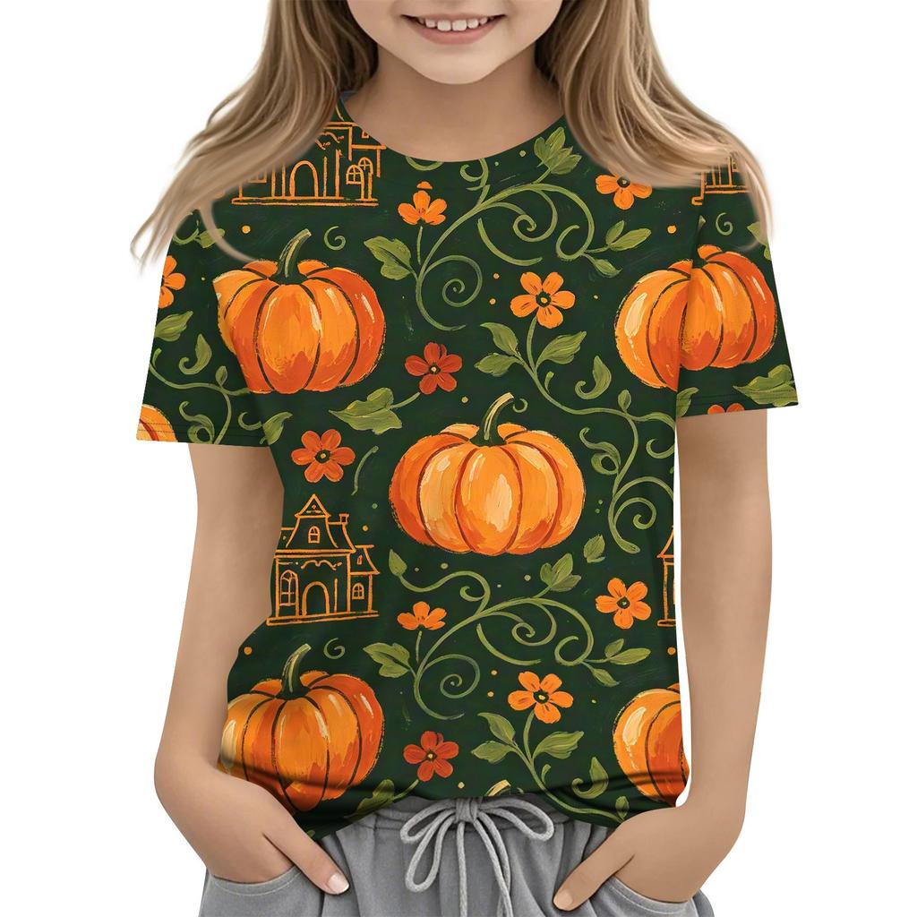 Kids Halloween Short Sleeve Shirt Ghost Skeleton Pumpkin Print Boys Girls Tee Casual Comfortable Fit Lightweight Fabric